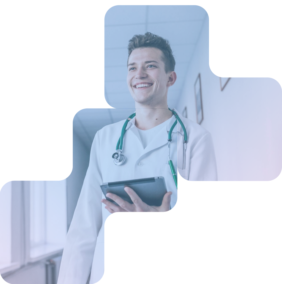 Smiling doctor holding a tablet in a modern, abstract setting.