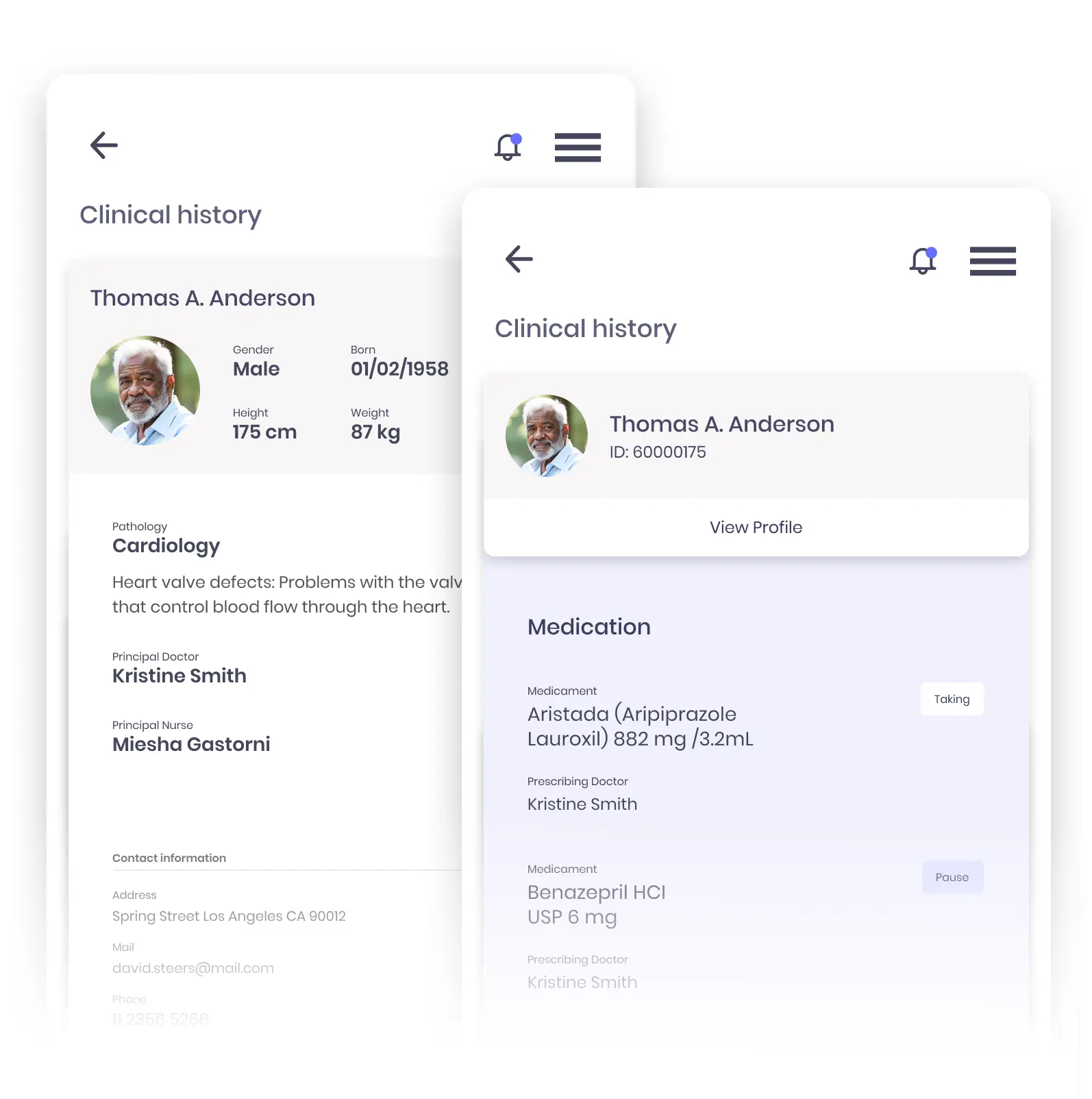 A healthcare app interface showing a patient's demographic information, medical history, medication list, and contact information.