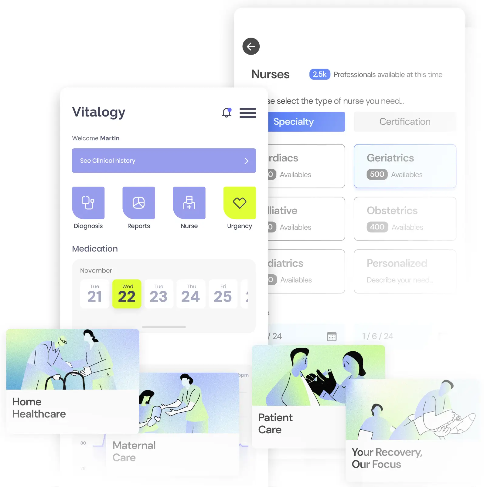 A healthcare app interface displaying a patient's medical history, upcoming appointments, and a list of available nurses.