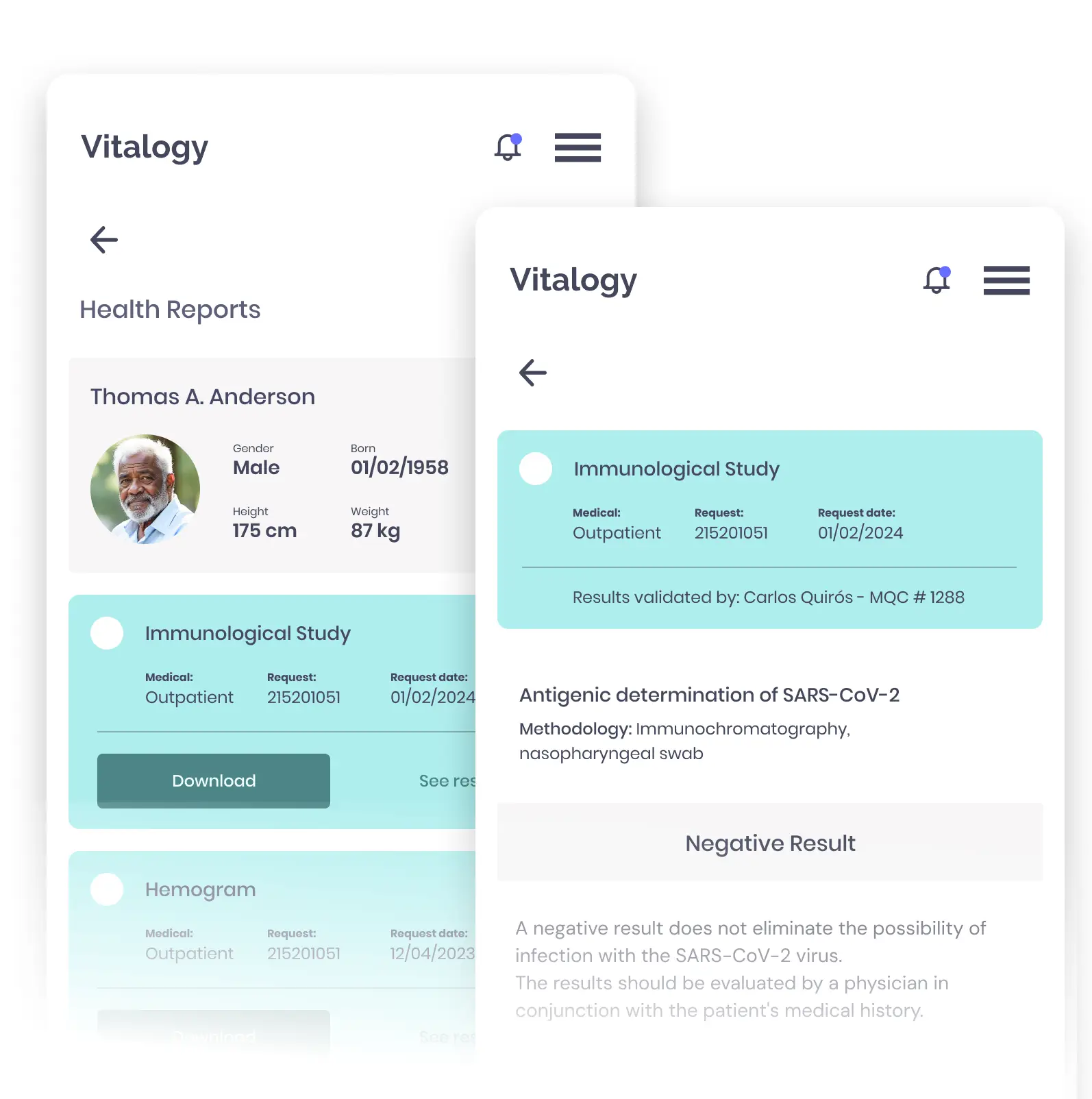 A digital health platform showcasing a patient's medical record, including personal details, diagnoses, and treatment plan.