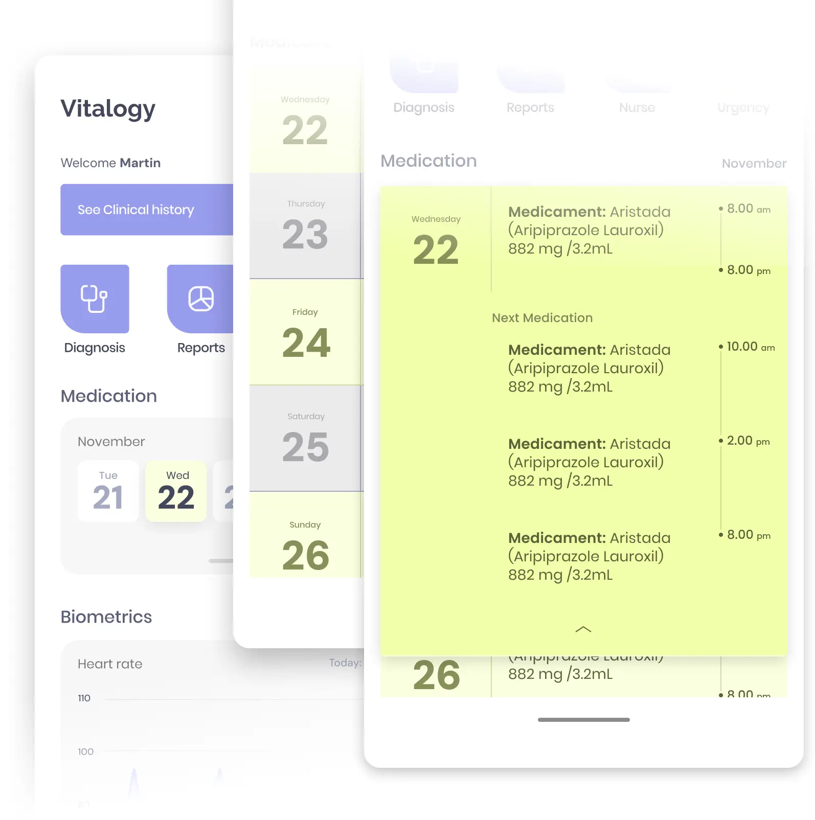 A digital health platform showcasing features for medication management and biometric tracking.